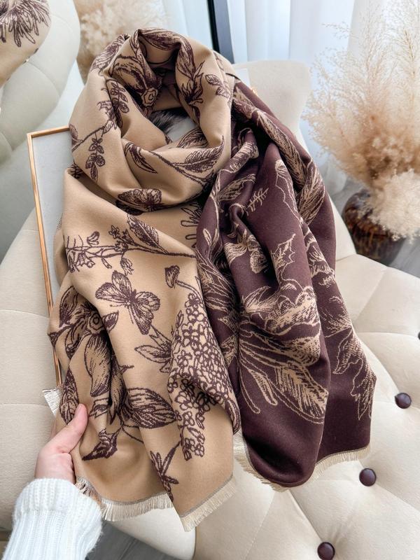 Women's Floral Print Double Sided Shawl, Elegant Boho Style Casual Warm Long Scarf for Fall & Winter, Fashion Accessories for Daily Wear