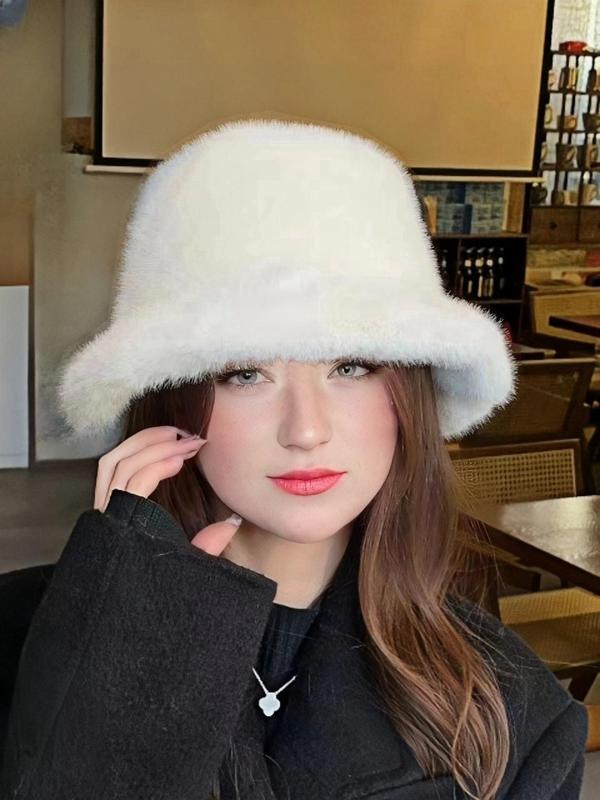 Solid Color Faux Fur Bucket Hat, Casual Thick Windproof and Cold Proof Plush Basin Hat, Cute and Fashionable Princess Style Plush Bucket Hat