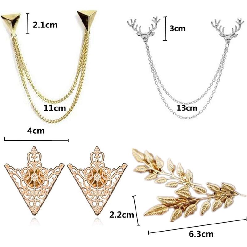 Double Link Chains, Retro Hollow Pattern and Angle Triangle Tassels Collar Pins Brooch Clip Pin Brooches Shirt Collar Decoration Parts with Free Box