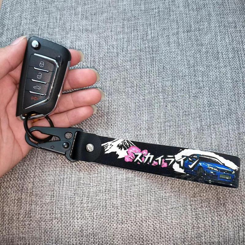 Race Car & Cherry Blossom Pattern Car Keychain, Portable Anti-lost Car Key Chain, Car Accessories, Car Key Decorative Lanyard, Cool Car Accessories, Car Accessories for Men