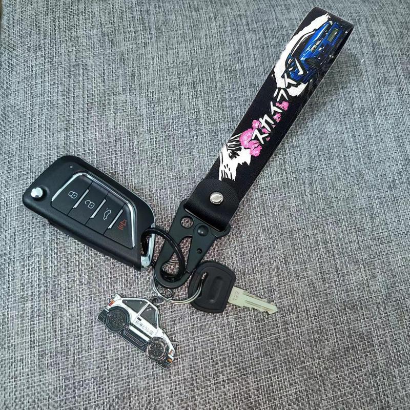 Race Car & Cherry Blossom Pattern Car Keychain, Portable Anti-lost Car Key Chain, Car Accessories, Car Key Decorative Lanyard, Cool Car Accessories, Car Accessories for Men