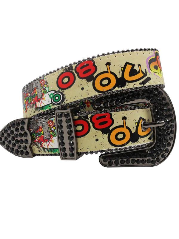 Punk Style Rhinestone Decorated Belt, Fashion Letter & Pop Art Print Pu Leather Belt for Men, Fashion Belt for Party, Daily Clothing Decor, Trendy All-match & Exquisite Belt for Birthday Gift