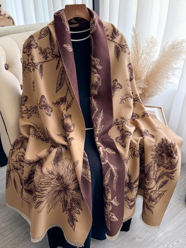 Women's Floral Print Double Sided Shawl, Elegant Boho Style Casual Warm Long Scarf for Fall & Winter, Fashion Accessories for Daily Wear