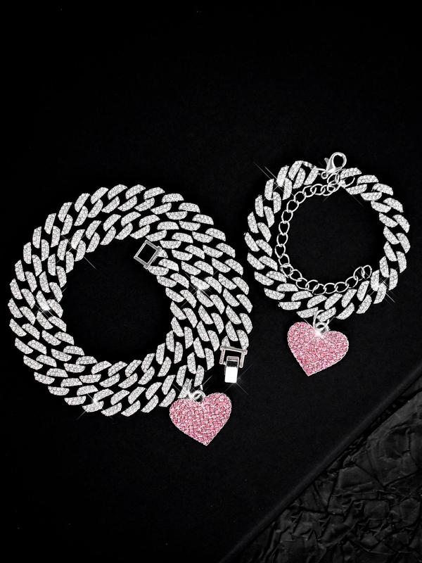 Rhinestone Decor Heart Design Pendant Necklace & Bracelet, Fashion Iced Out Jewelry Set for Party, Daily Decor, Trendy All-match Hip Hop Jewelry for Birthday Gift