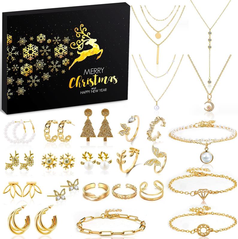 Jewelry Advent Calendar for Adult Women, 24 Day Christmas Countdown Calendar with Gold Earrings, Necklaces, Bracelets, and Rings, Xmas Surprise Gift for Wife Friends