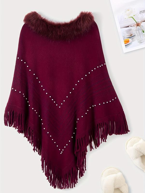 Women's Solid Color Faux Pearl Decor Tassel Trim Shawl, Casual Soft Warm Shawl Blanket Cape for Fall & Winter, Fashion Accessories for Women & Girls