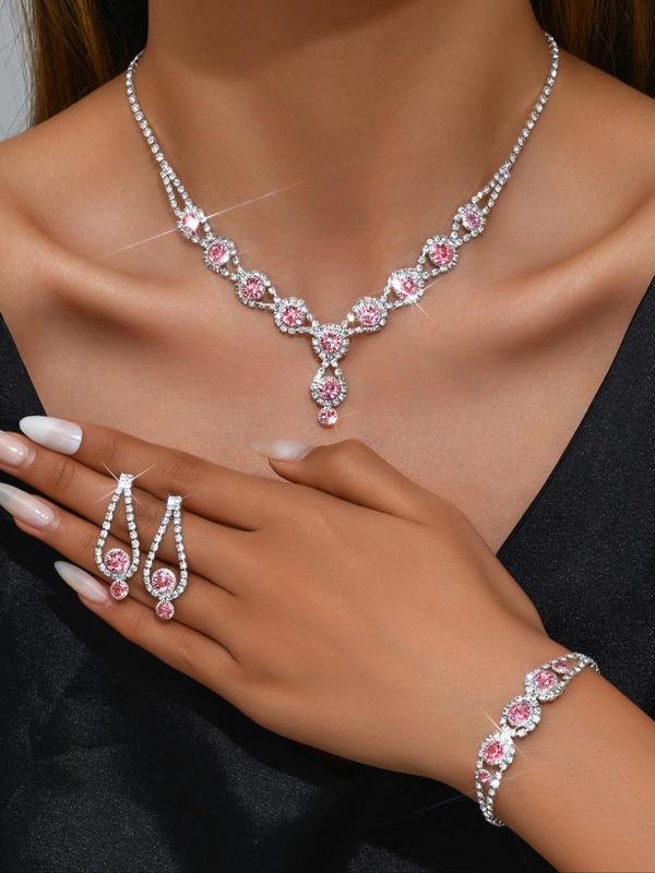 Women's Elegant Rhinestone Decorated Necklace & Bracelet & Earrings, Exquisite Trendy Jewelry Set, Fashionable Accessories for Party & Daily Clothing Decor