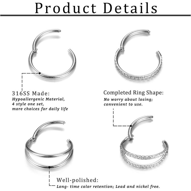 FLORIDECO 3-4PCS Surgical Steel 18G Nose Rings Hoops Earrings Tragus Septum Piercing CZ Clicker Septum Ring Hinged Segment Septum Conch Lip Cartilage Double Hoops 8mm 10mm For Women Men Daily