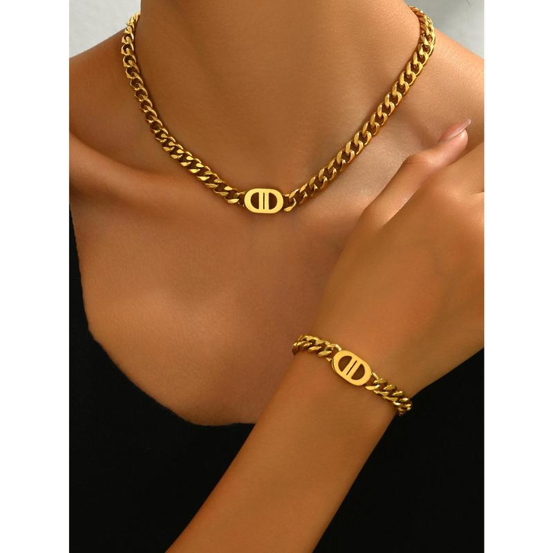 2 PCS Set Gold Color Cuban Chain Geometric Charm Necklace Bracelet Jewelry Set Hiphop Trendy Thick Chain Bracelet Choker Set