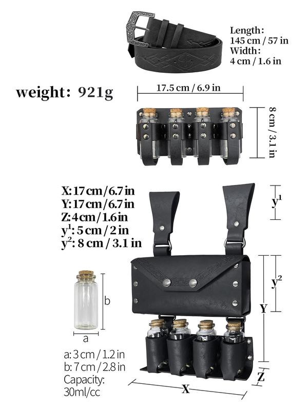 Alchemy Belt with Medieval Alchemy Fanny Pack, Contains Multiple Magic Potion Bottles, Renaissance Embossed Belt and Rivet Fantasy Belt, Side Bag Combination for All Kinds Of Cosplay Activities