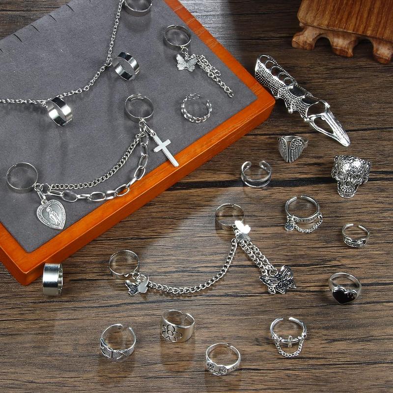 FLORIDECO 19PCS Punk Chain Rings+ Layered Chain Necklace Set for Women Men, Cool Goth Punk Vintage Stackable Open Finger Rings Statement Pendant Choker Necklace Emo Y2K Jewelry Daily