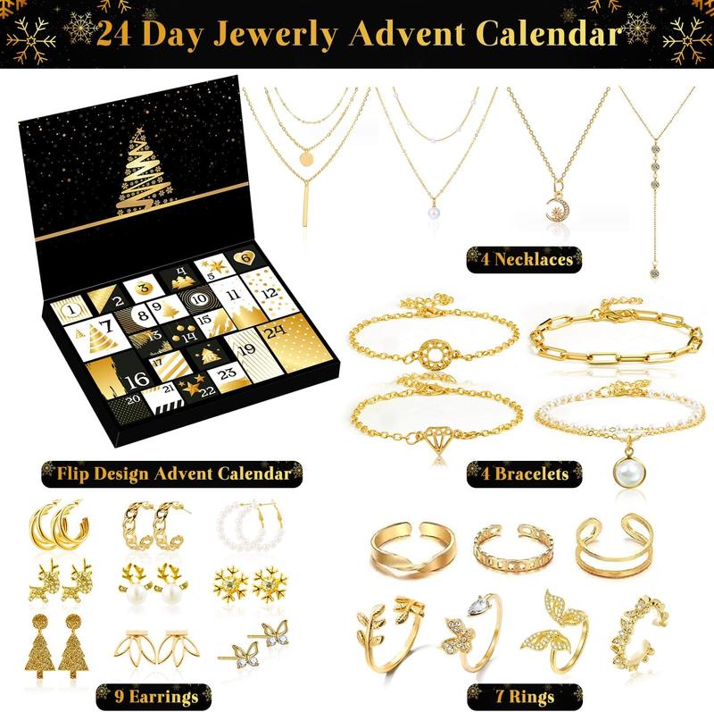 Jewelry Advent Calendar for Adult Women, 24 Day Christmas Countdown Calendar with Gold Earrings, Necklaces, Bracelets, and Rings, Xmas Surprise Gift for Wife Friends