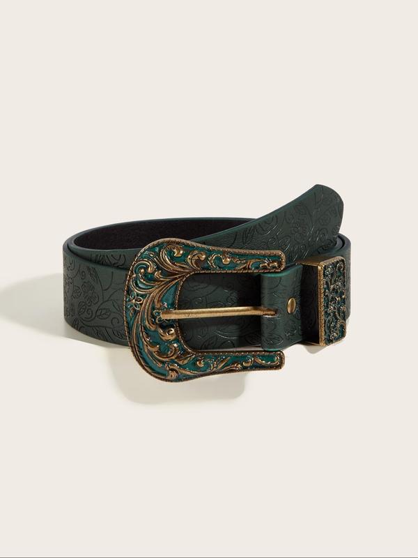 Vintage Floral Embossed Western Belt, Fashionable PU Leather Belt for Men & Women, Casual Waistband for Jeans Trousers