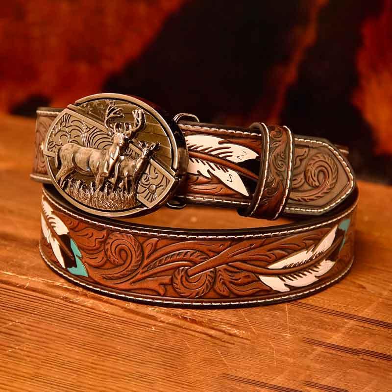 Western Feather Leather Printed Belt and Oval removable westem cowboy Buckle Costume Decoration