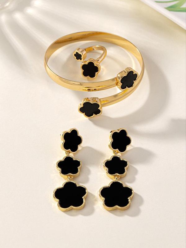 Elegant Flower Design Jewelry Set, 4 Counts Dangle Earrings & Cuff Bangle & Cuff Ring, Trendy All-match & Exquisite Jewelry Set for Birthday Gift