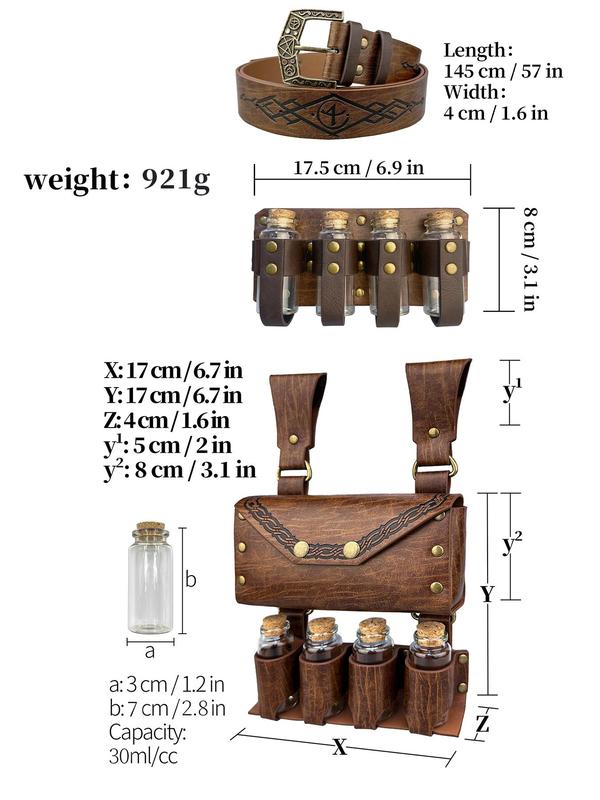 Alchemy Belt with Medieval Alchemy Fanny Pack, Contains Multiple Magic Potion Bottles, Renaissance Embossed Belt and Rivet Fantasy Belt, Side Bag Combination for All Kinds Of Cosplay Activities