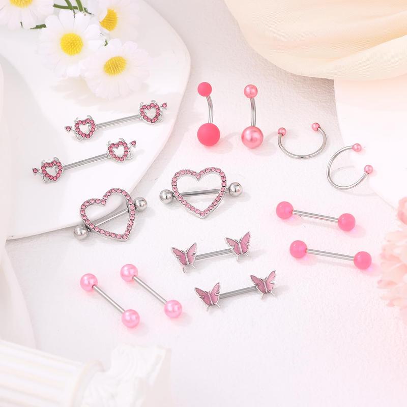 Nipple Piercing Jewelry With Belly Button Ring Set Surgical Steel Nipple Rings for Women Barbell Nipple Rings 14 Gauge 14-Piece Set