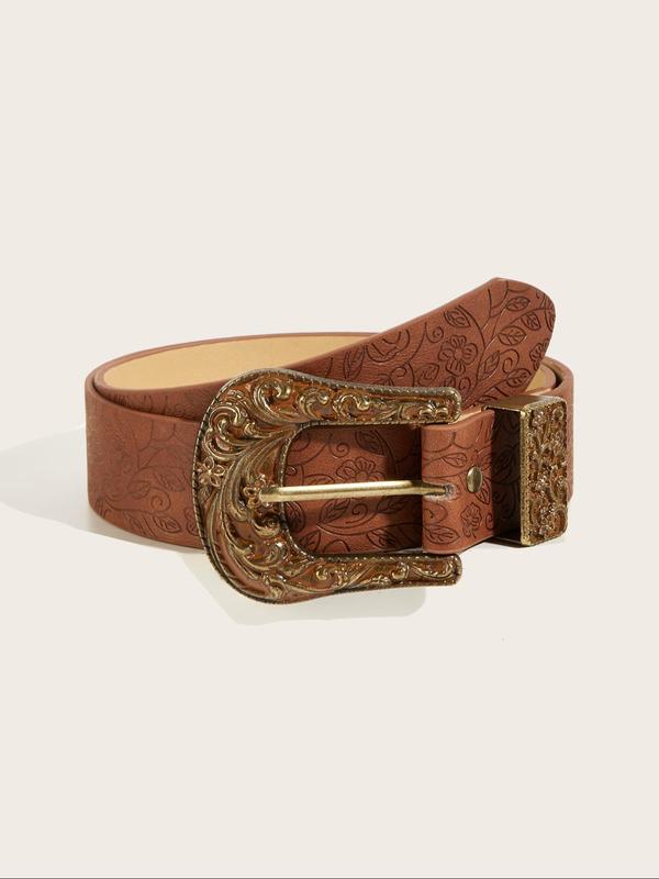 Vintage Floral Embossed Western Belt, Fashionable PU Leather Belt for Men & Women, Casual Waistband for Jeans Trousers