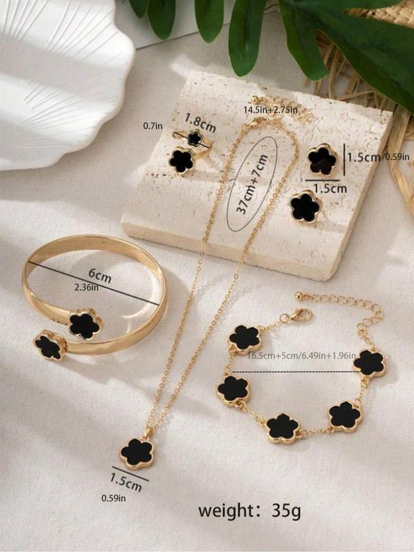 Flower Design Jewelry Set, Elegant Necklace & Bracelet & Bangle & Ring & Stud Earrings, Fashion Jewelry for Party, Daily Decor, Trendy All-match & Exquisite Jewelry for Birthday Gift