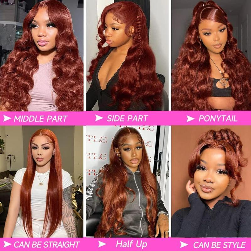 Reddish Brown 13x6 Lace Front Wigs  Pre Plucked 180% Density Body Wave Auburn Colored  Lace Frontal Wig