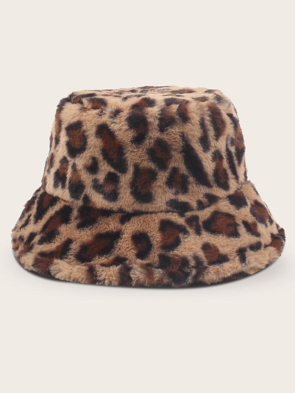 Women's Street Trend Leopard Graphic Fluffy Bucket Hat, Trendy Warm Comfy Bucket Hat, Chic All-match Accessories for Fall & Winter for Women & Girls