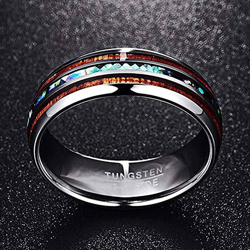 8mm Tungsten Rings for Men Hawaiian Koa Wood Inlay Dome Abalone Shell Blue Center Wedding Bands Comfort Fit Size 4 to 17