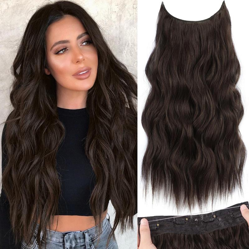 Invisible Wire Hair Extensions with Transparent Wire Adjustable Size 4 Clips Long Wavy Secret Hairpiece (20 Inch, Burgundy)