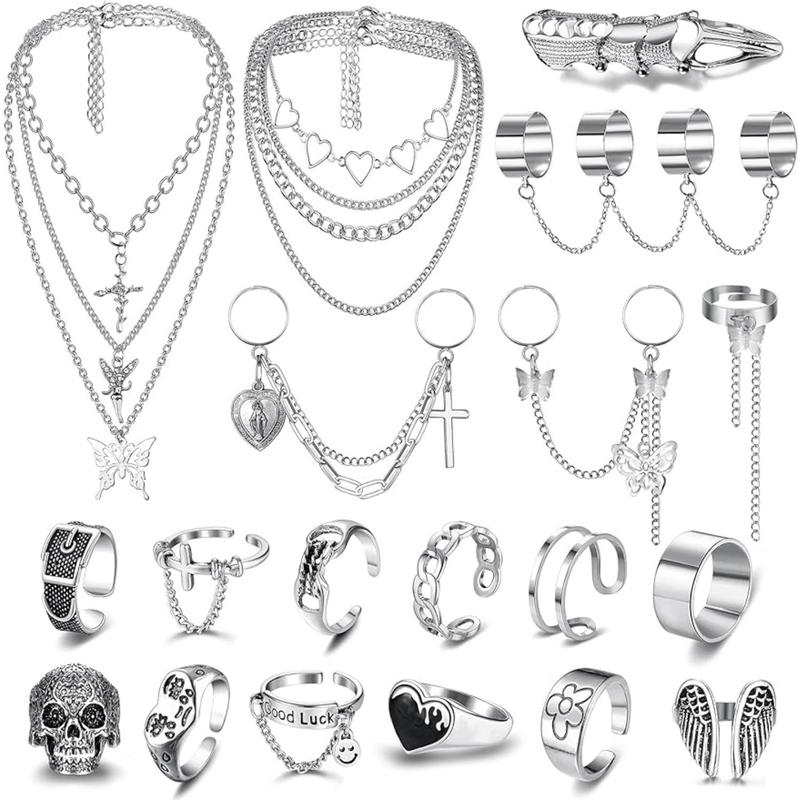 FLORIDECO 19PCS Punk Chain Rings+ Layered Chain Necklace Set for Women Men, Cool Goth Punk Vintage Stackable Open Finger Rings Statement Pendant Choker Necklace Emo Y2K Jewelry Daily