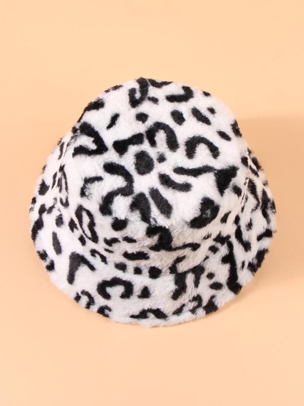 Women's Street Trend Leopard Graphic Fluffy Bucket Hat, Trendy Warm Comfy Bucket Hat, Chic All-match Accessories for Fall & Winter for Women & Girls