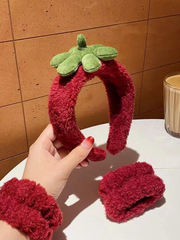 Cute Strawberry Design Hair Band & Wristband & Hair Hoop, 4pcs set Soft Comfort Hair Hoop & Hair Band & Wristband, Fashion Hair Accessories Set for Women & Girls