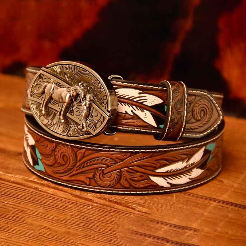 Western Feather Leather Printed Belt and Oval removable westem cowboy Buckle Costume Decoration