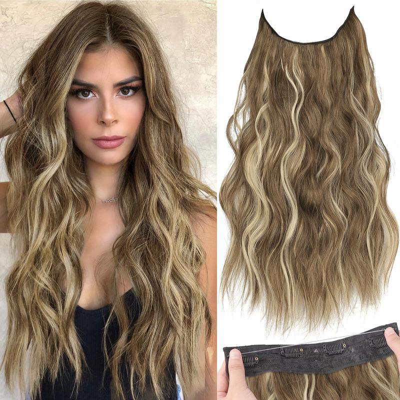 Invisible Wire Hair Extensions with Transparent Wire Adjustable Size 4 Clips Long Wavy Secret Hairpiece (20 Inch, Burgundy)