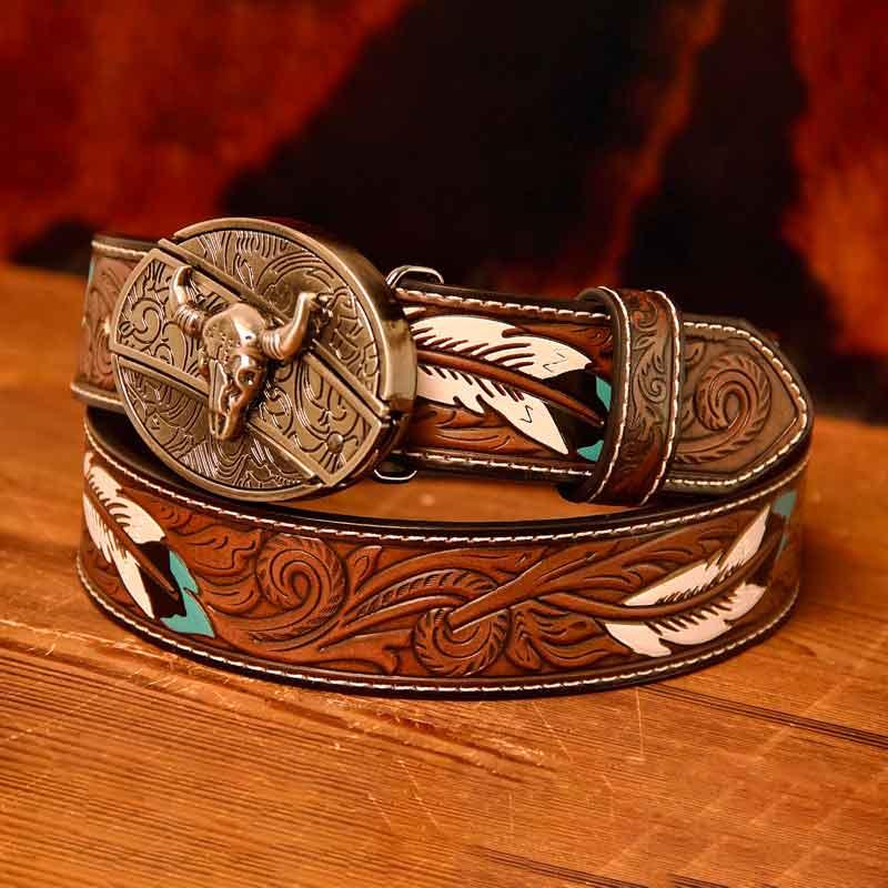 Western Feather Leather Printed Belt and Oval removable westem cowboy Buckle Costume Decoration