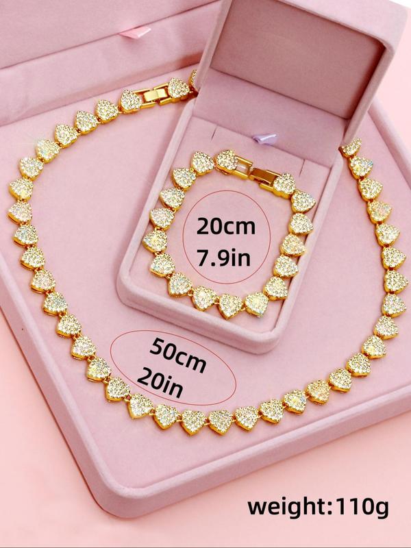 Punk Style Rhinestone Decor Heart Design Necklace & Bracelet, 2 Counts set Luxury Trendy Chain Bracelet & Necklace, Glittering Hip Hop Jewelry for Men & Women