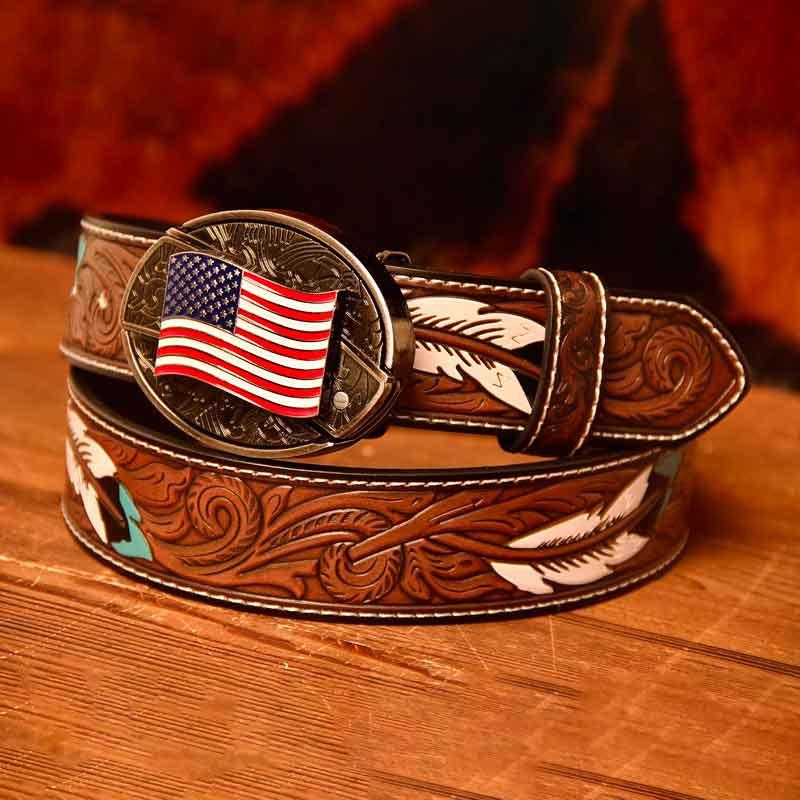 Western Feather Leather Printed Belt and Oval removable westem cowboy Buckle Costume Decoration