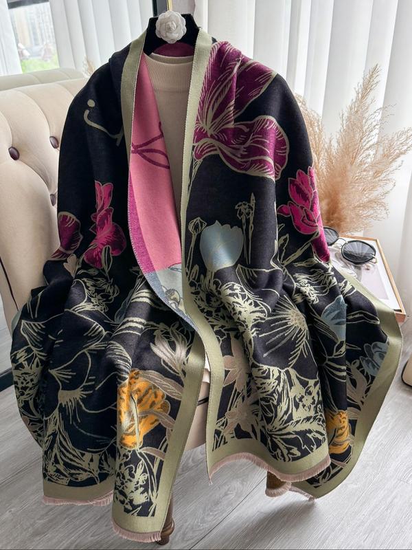 Floral Print Tassel Decor Double Sided Scarf, Casual Soft Warm Thick Shawl for Fall & Winter, Fashion Accessories for Women & Men