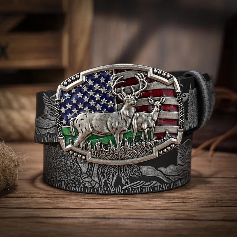 Western Cowboy PU Leather Belt - Men Waist Strap Bull Decoration Floral Engraved for Jeans chao ren