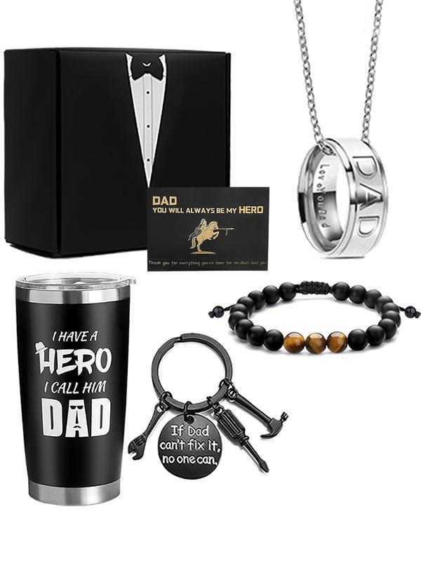 Father's Day Gift Set, Including Letters Decor Ring Design Pendant Necklace & Matching Beaded Bracelet & Cup & Keychain Set, with Gift Card & Box, Gifts for Boyfriend, Men Gifts Gifts For Mom