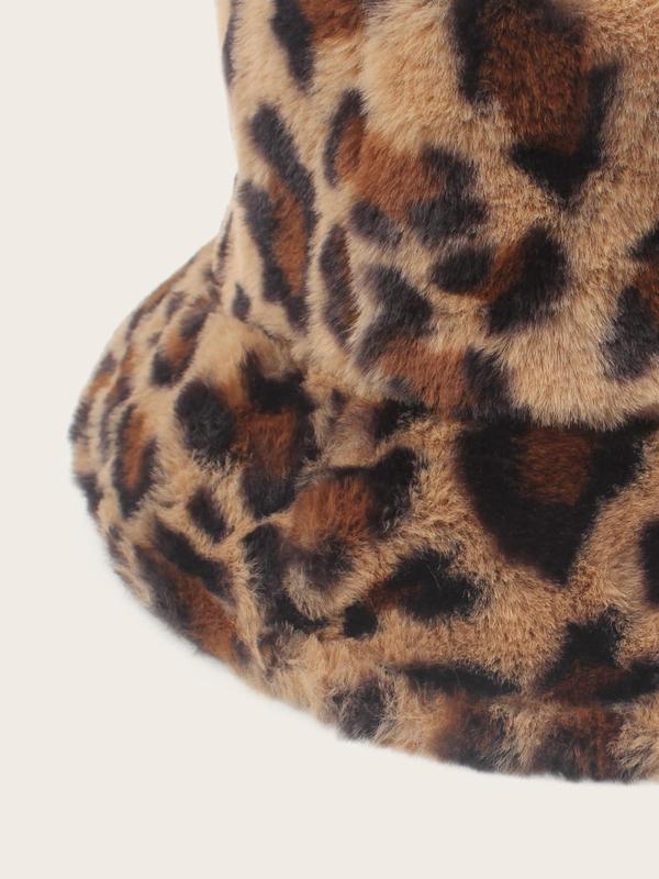 Women's Street Trend Leopard Graphic Fluffy Bucket Hat, Trendy Warm Comfy Bucket Hat, Chic All-match Accessories for Fall & Winter for Women & Girls