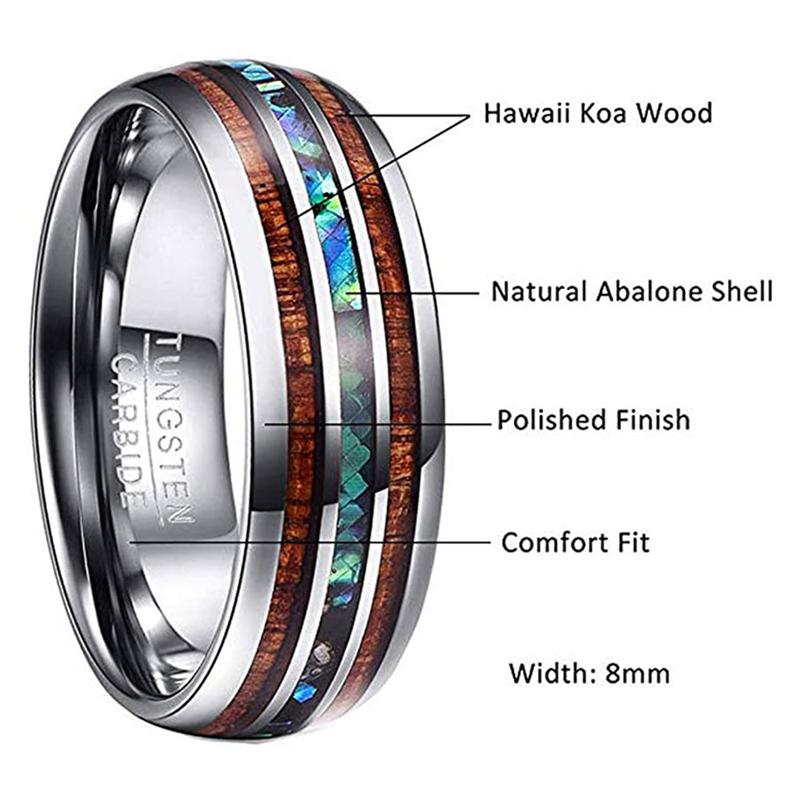 8mm Tungsten Rings for Men Hawaiian Koa Wood Inlay Dome Abalone Shell Blue Center Wedding Bands Comfort Fit Size 4 to 17