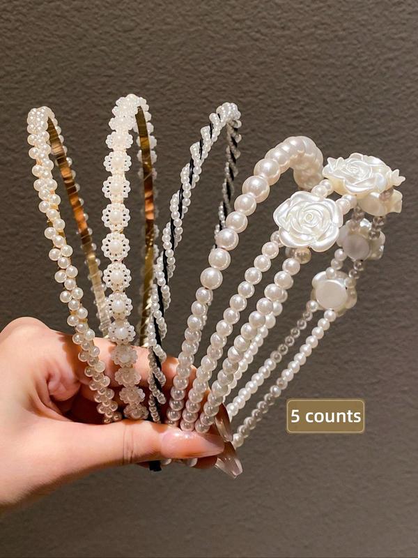 Faux Pearl Decorated Flower Design Hair Hoop, Elegant Hair Accessories for Women & Girls, Minimalist Headwear Suitable for Thick Hair