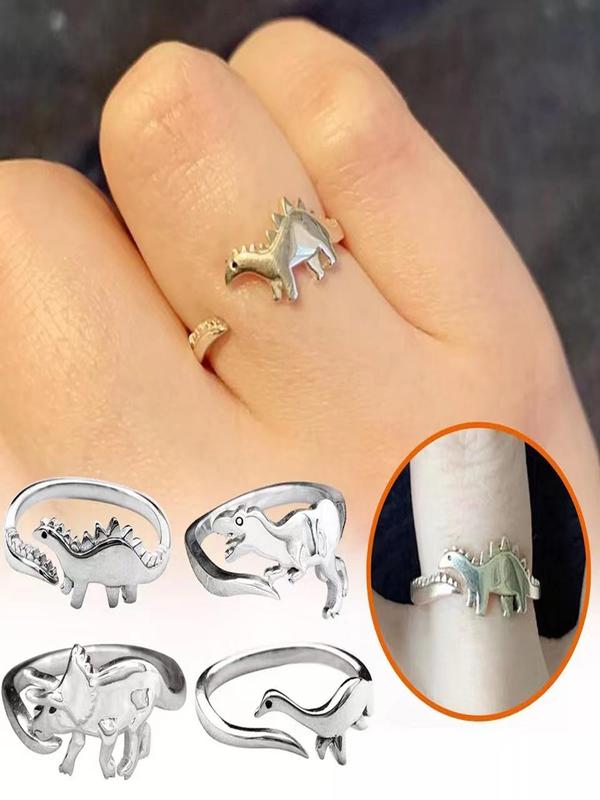 4pcs Cute Dinosaur Design Cuff Ring For Daily Decoration, Animal Theme Alloy Ring For Boy & Girl, Fashion Accessories For Daily Wear