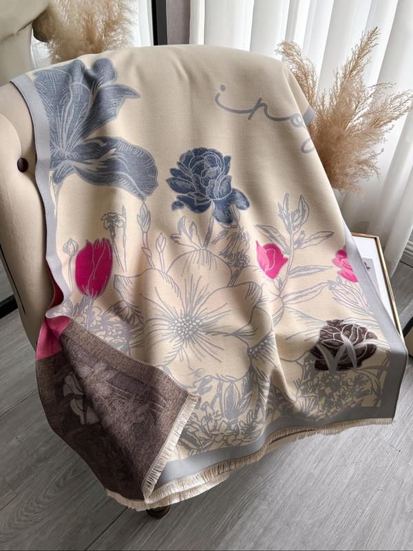 Floral Print Tassel Decor Double Sided Scarf, Casual Soft Warm Thick Shawl for Fall & Winter, Fashion Accessories for Women & Men