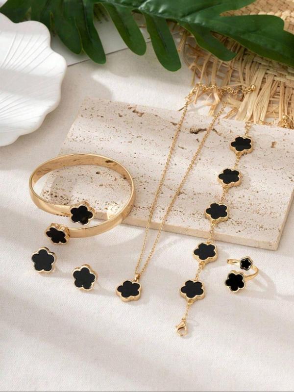 Flower Design Jewelry Set, Elegant Necklace & Bracelet & Bangle & Ring & Stud Earrings, Fashion Jewelry for Party, Daily Decor, Trendy All-match & Exquisite Jewelry for Birthday Gift