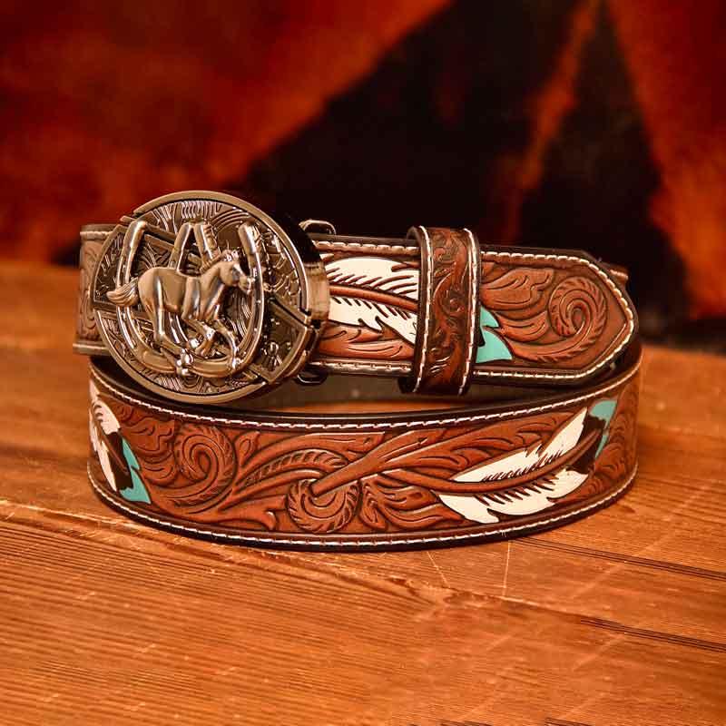 Western Feather Leather Printed Belt and Oval removable westem cowboy Buckle Costume Decoration