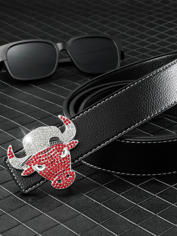 Men's Street Trend Rhinestone Bull Head Buckle Decorated Pu Leather Belt, Trendy Hip Hop Belt, Fashionable Clothes Accessories for Daily & Party Outfits