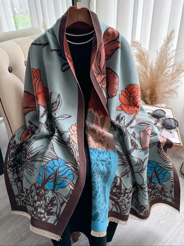 Floral Print Tassel Decor Double Sided Scarf, Casual Soft Warm Thick Shawl for Fall & Winter, Fashion Accessories for Women & Men