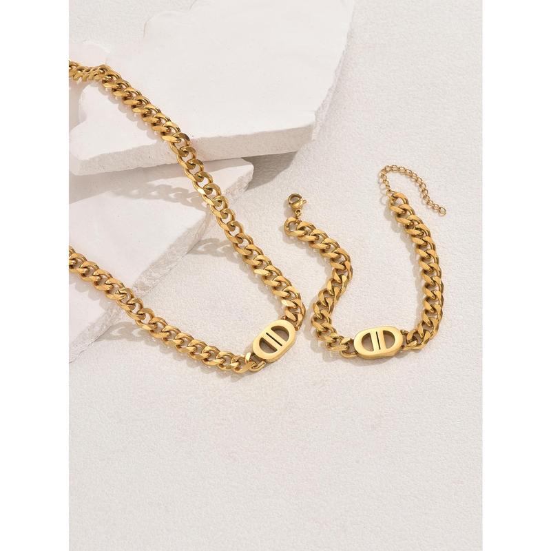 2 PCS Set Gold Color Cuban Chain Geometric Charm Necklace Bracelet Jewelry Set Hiphop Trendy Thick Chain Bracelet Choker Set