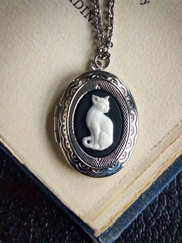 Vintage Cat Design Pendant Necklace, Creative DIY Photo Personality Women's Necklace, Fashion Accessories for Party, Daily Clothing Decor