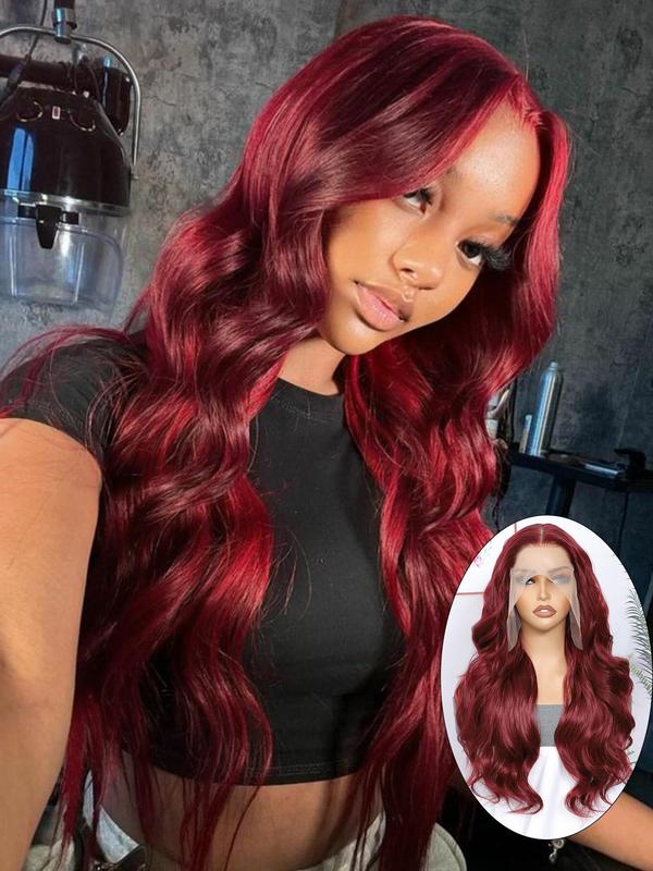 24 Inch Burgundy Ginger Long Body Wavy Wigs for Women, Gorgeous Fluffy Wigs without Bangs, Synthetic Heat Resistant HD Lace Front Wigs for Party, Daily Use